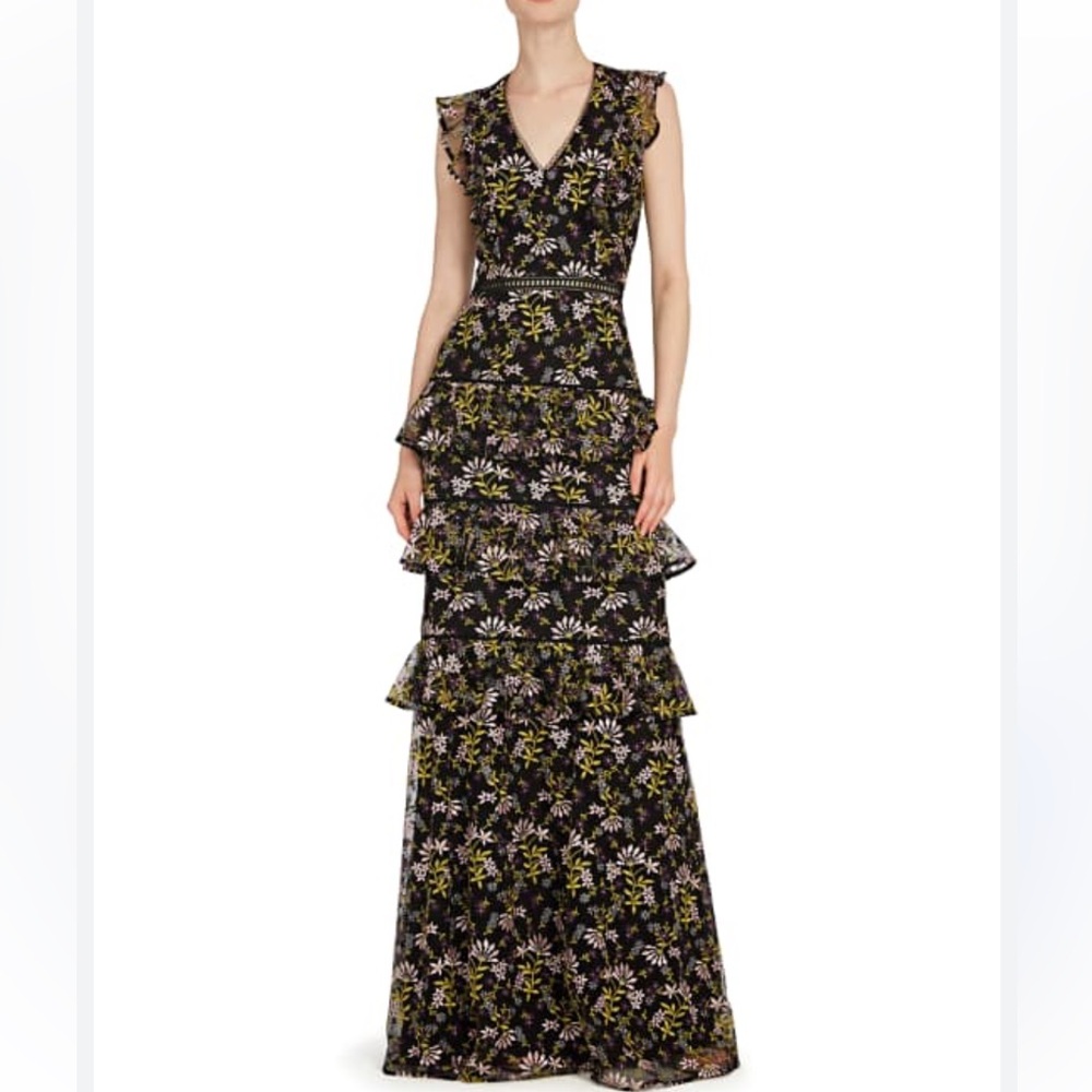 Monique Lhullier Floral V Neck Gown